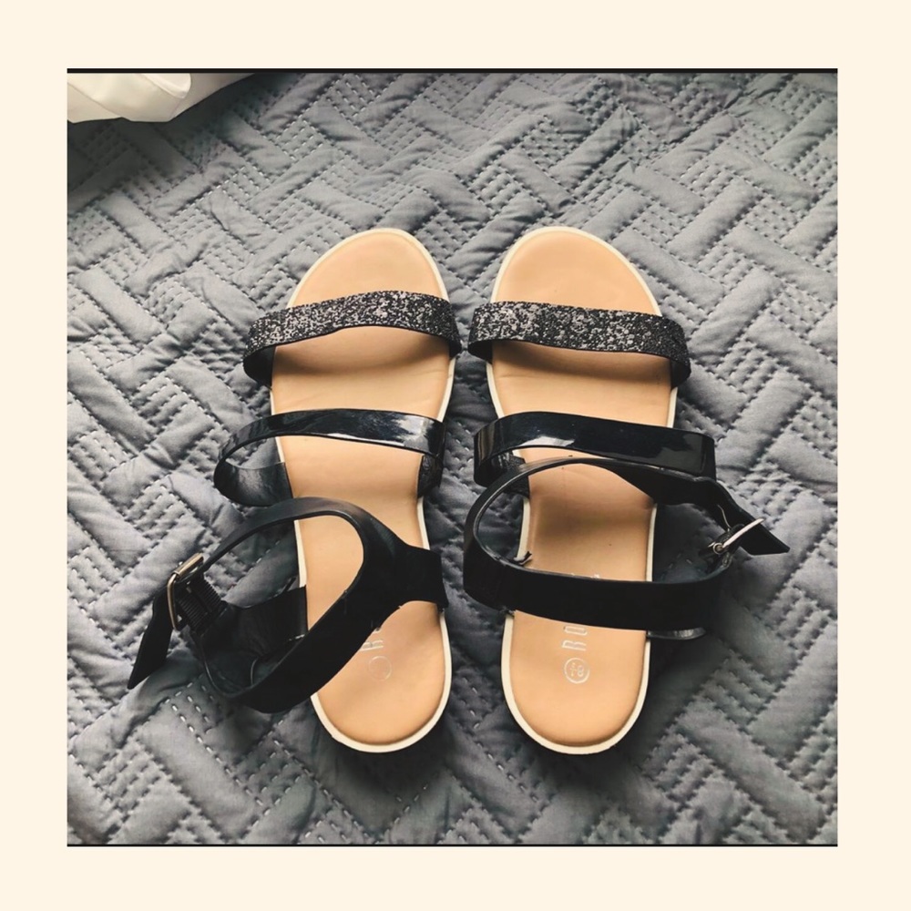 Rouge Black Glitter Flatforms Sandals